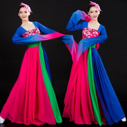 Women's chinese folk dance dresses royal blue with pink ancient traditional yangko fan umbrella dance costumes dresses
